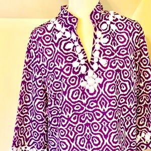 COMPLETELY ME BY LIZ LANGE WHITE & Purple EMBELLISHED 3/4 SLEEVE TOP SIZE M.